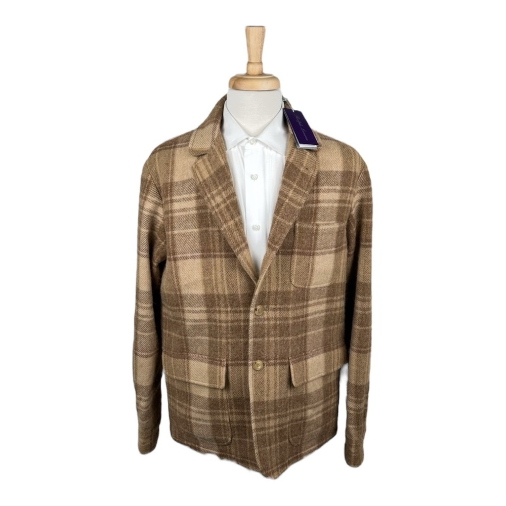 Ralph Lauren Purple Label Brown Check Shetland Wool Suede Trim Blazer 38R NWT